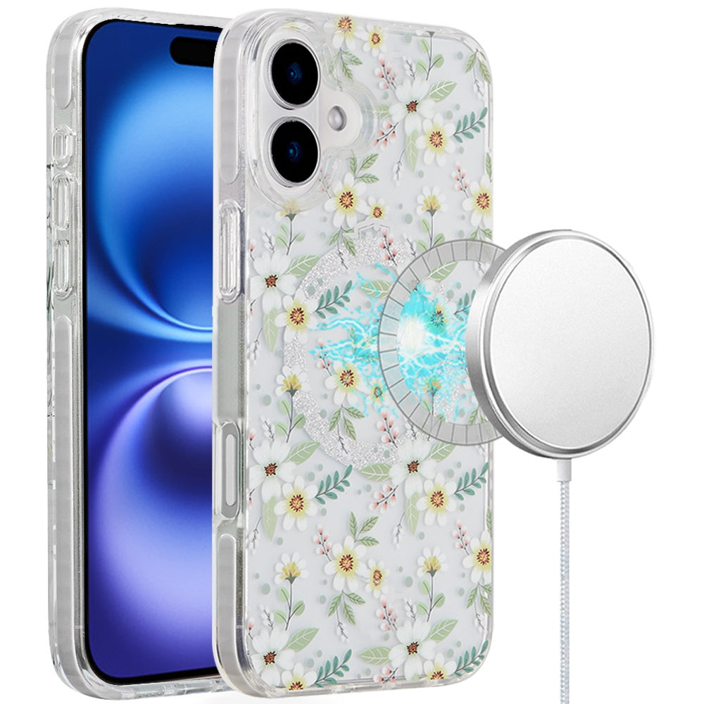 For iPhone 16 6.1inch Case Dual Layer IMD Design Magnetic Circle +Tempered Glass