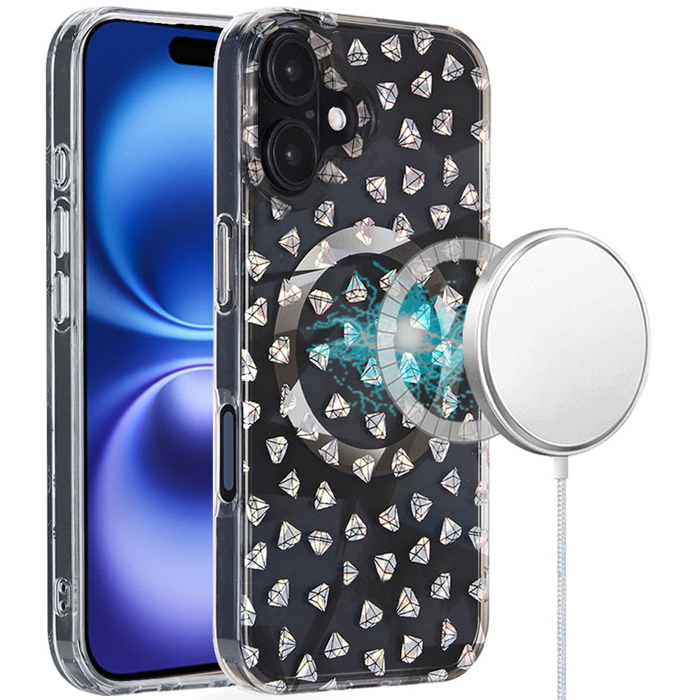 For iPhone 16 6.1inch Case Dual Layer IMD Design Magnetic Circle +Tempered Glass