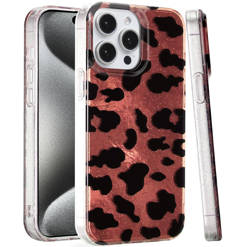 For iPhone 15 Pro Max Case Glossy In Mold Design w/ Glitter + 2 Tempered Glass