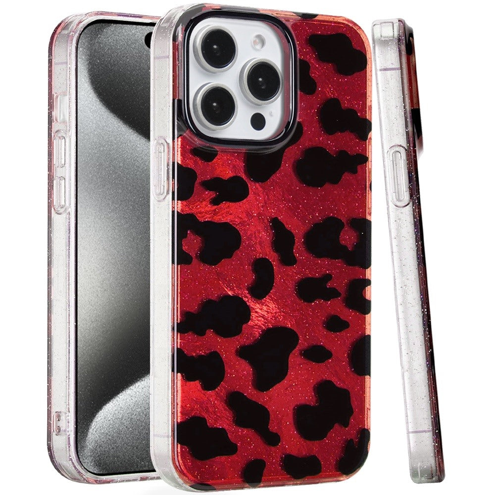 For iPhone 15 Pro Max Case Glossy In Mold Design w/ Glitter + 2 Tempered Glass