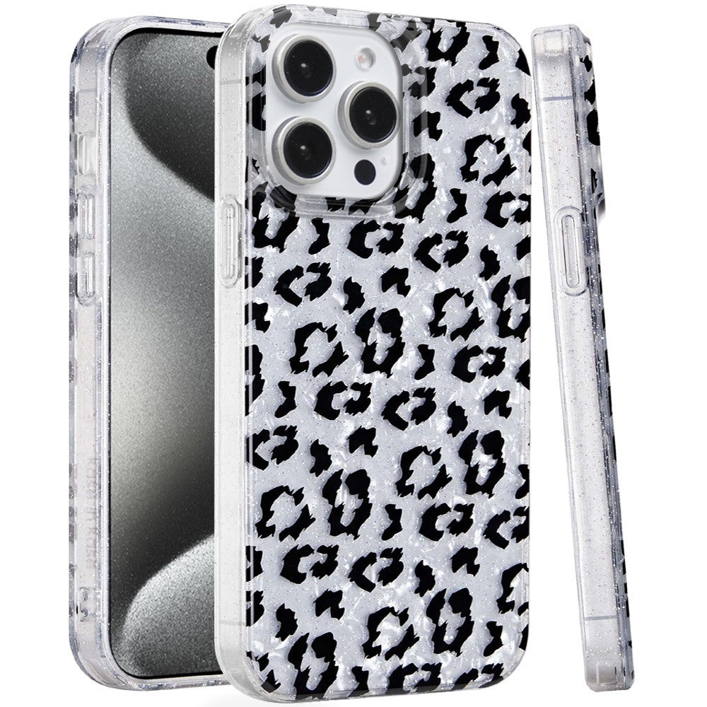 For iPhone 15 Pro Max Case Glossy In Mold Design w/ Glitter + 2 Tempered Glass