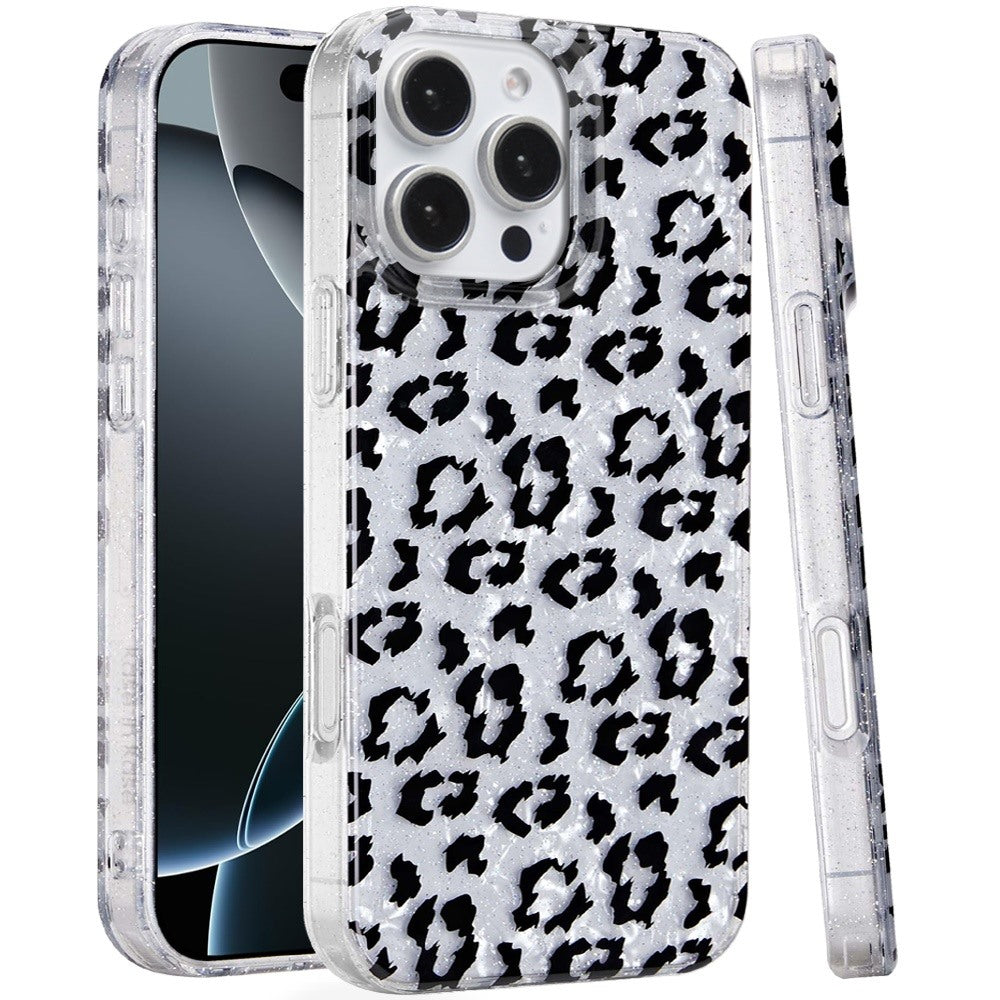 For iPhone 16 PRO MAX Case Glossy In Mold Design Print Glitter + Tempered Glass