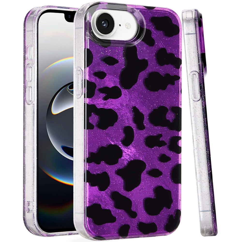 For iPhone 16e Case Glossy In Mold Design Print with Glitter + Tempered Glass