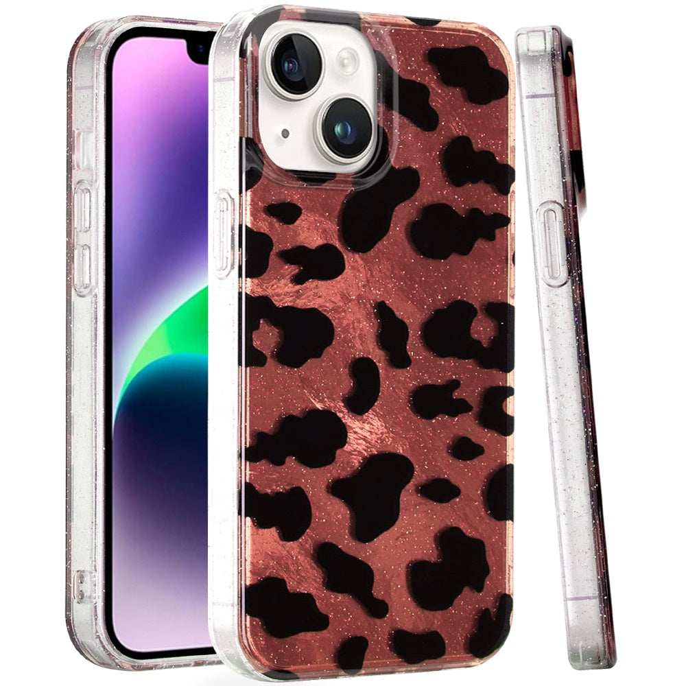 For iPhone 13/14 Case Glossy In Mold Design Print w/ Glitter + Tempered Glass