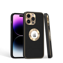 For iPhone 15 PRO Case PU Leather Chrome Glass Lens Cover + 2 Tempered Glass