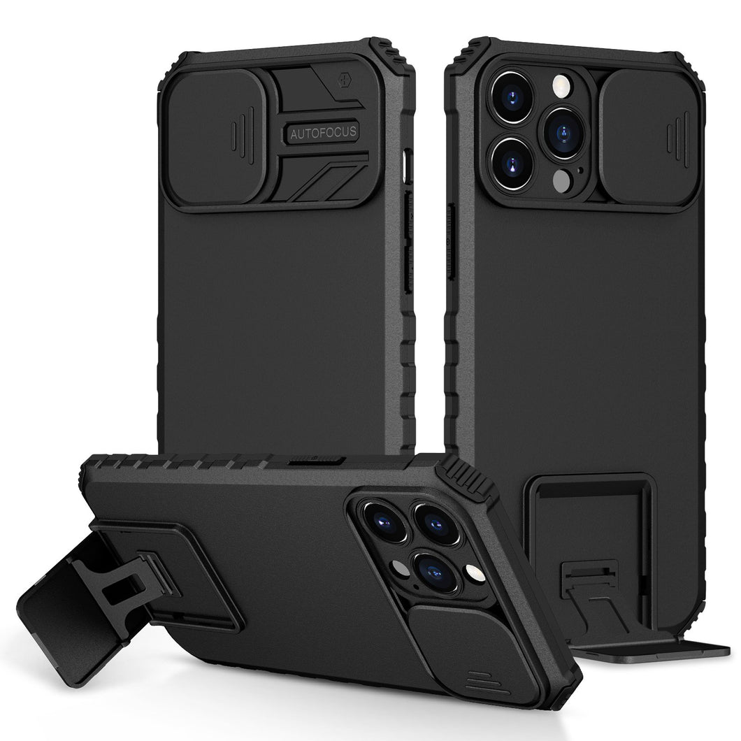 For iPhone XR Case with Sliding Camera Protection and Kickstand + Tempered Glass