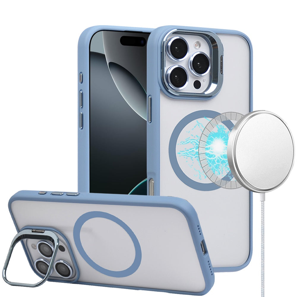 For iPhone 16 PRO MAX Case Magnetic Circle Chrome Camera Stand + Tempered Glass