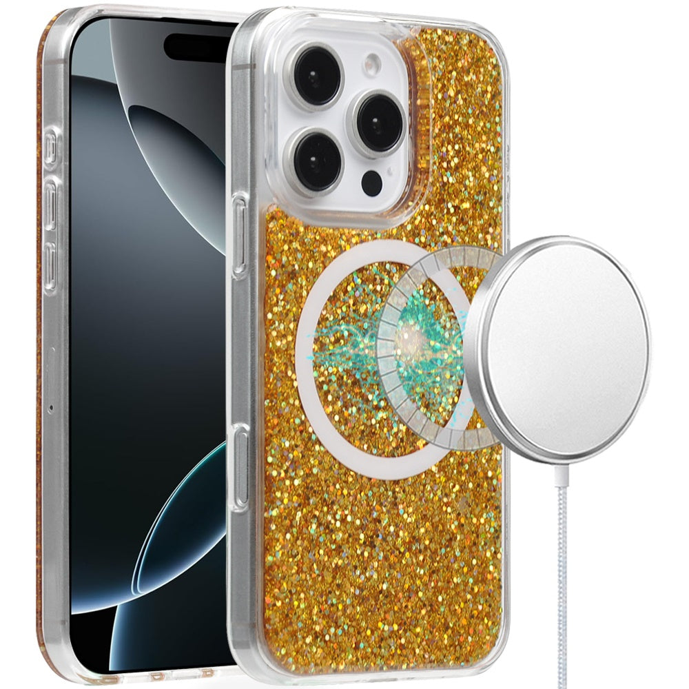 For iPhone 16 PRO MAX Case Magnetic Circle Fused Glitter Epoxy + Tempered Glass