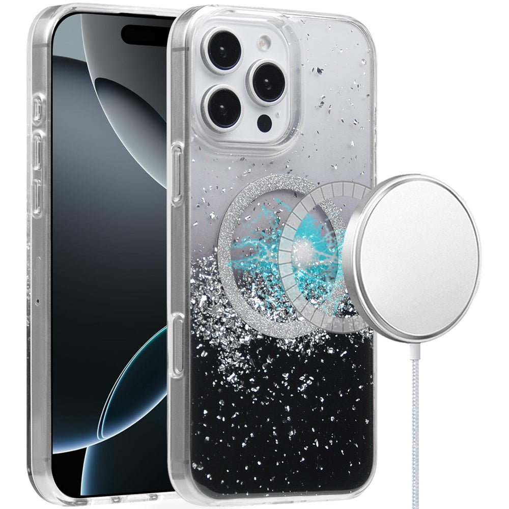 For iPhone 16 PRO MAX Case Magnetic Circle Fused Glitter Epoxy + Tempered Glass