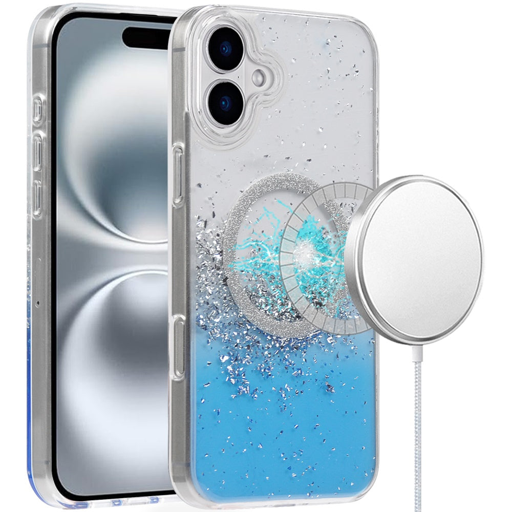 For iPhone 16 Plus 6.7in Case Magnet Circle Fused Glitter Epoxy + Tempered Glass