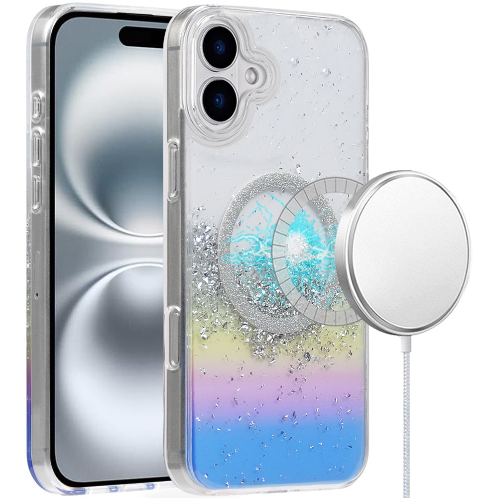 For iPhone 16 Plus 6.7in Case Magnet Circle Fused Glitter Epoxy + Tempered Glass