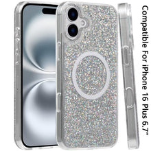 For iPhone 16 Plus 6.7in Case Magnet Circle Fused Glitter Epoxy + Tempered Glass