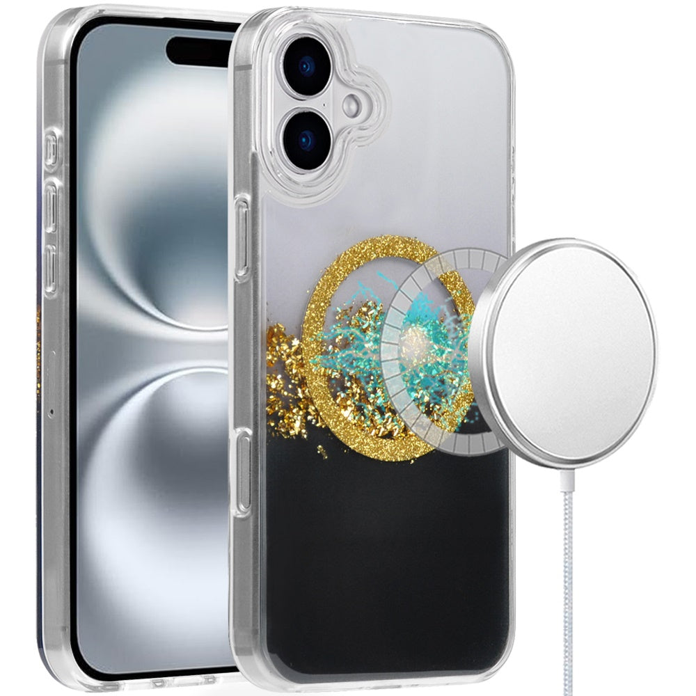 For iPhone 16 6.1inch Case Magnetic Circle Fused Glitter Epoxy + Tempered Glass