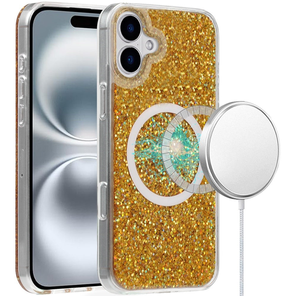 For iPhone 16 6.1inch Case Magnetic Circle Fused Glitter Epoxy + Tempered Glass