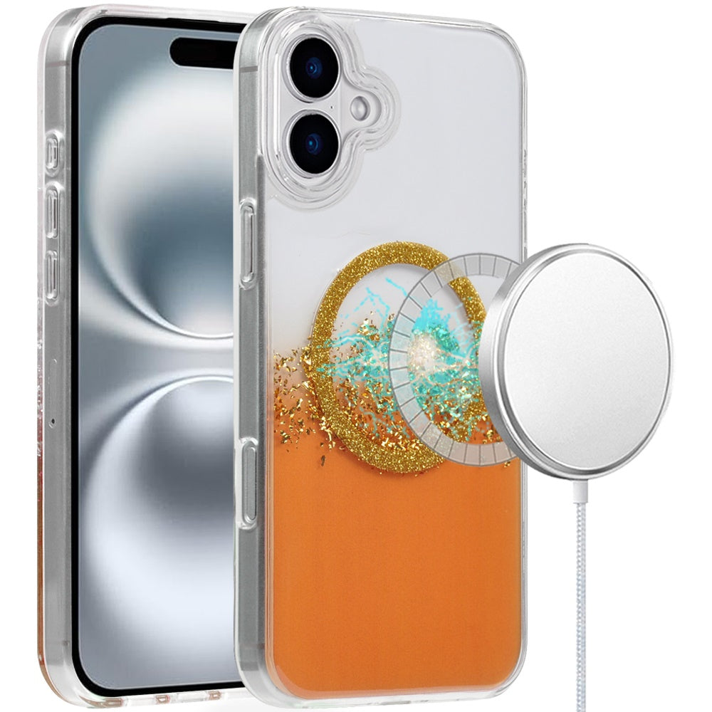 For iPhone 16 6.1inch Case Magnetic Circle Fused Glitter Epoxy + Tempered Glass