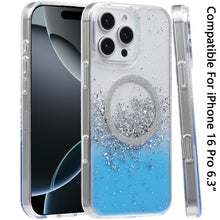 For iPhone 16 Pro 6.3in Case Magnetic Circle Fused Glitter Epoxy +Tempered Glass