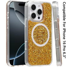 For iPhone 16 Pro 6.3in Case Magnetic Circle Fused Glitter Epoxy +Tempered Glass