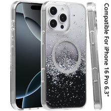 For iPhone 16 Pro 6.3in Case Magnetic Circle Fused Glitter Epoxy +Tempered Glass