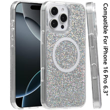 For iPhone 16 Pro 6.3in Case Magnetic Circle Fused Glitter Epoxy +Tempered Glass