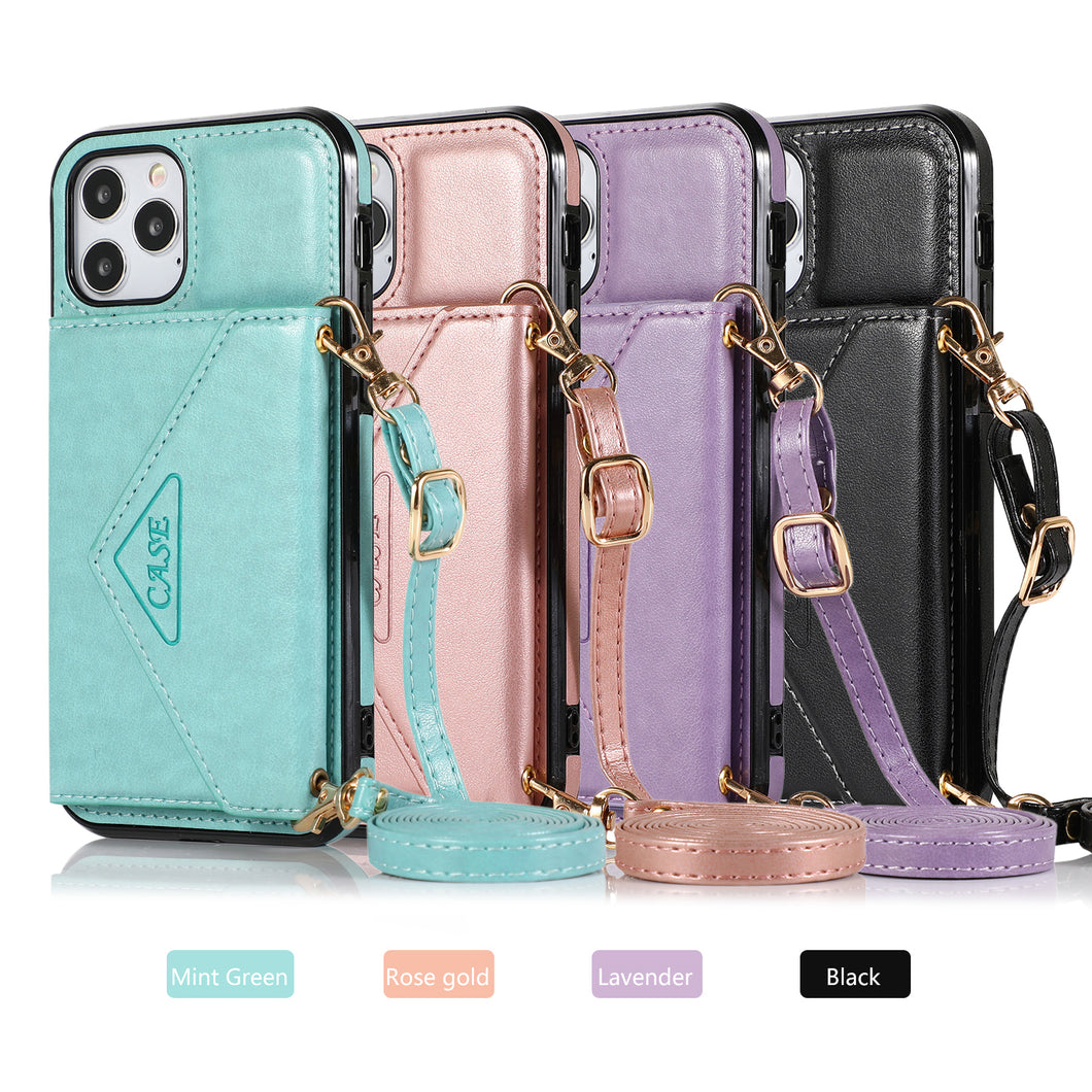 For iPhone 14 Case Envelope Phone Wallet Cover ID Money Holder Shoulder Strap