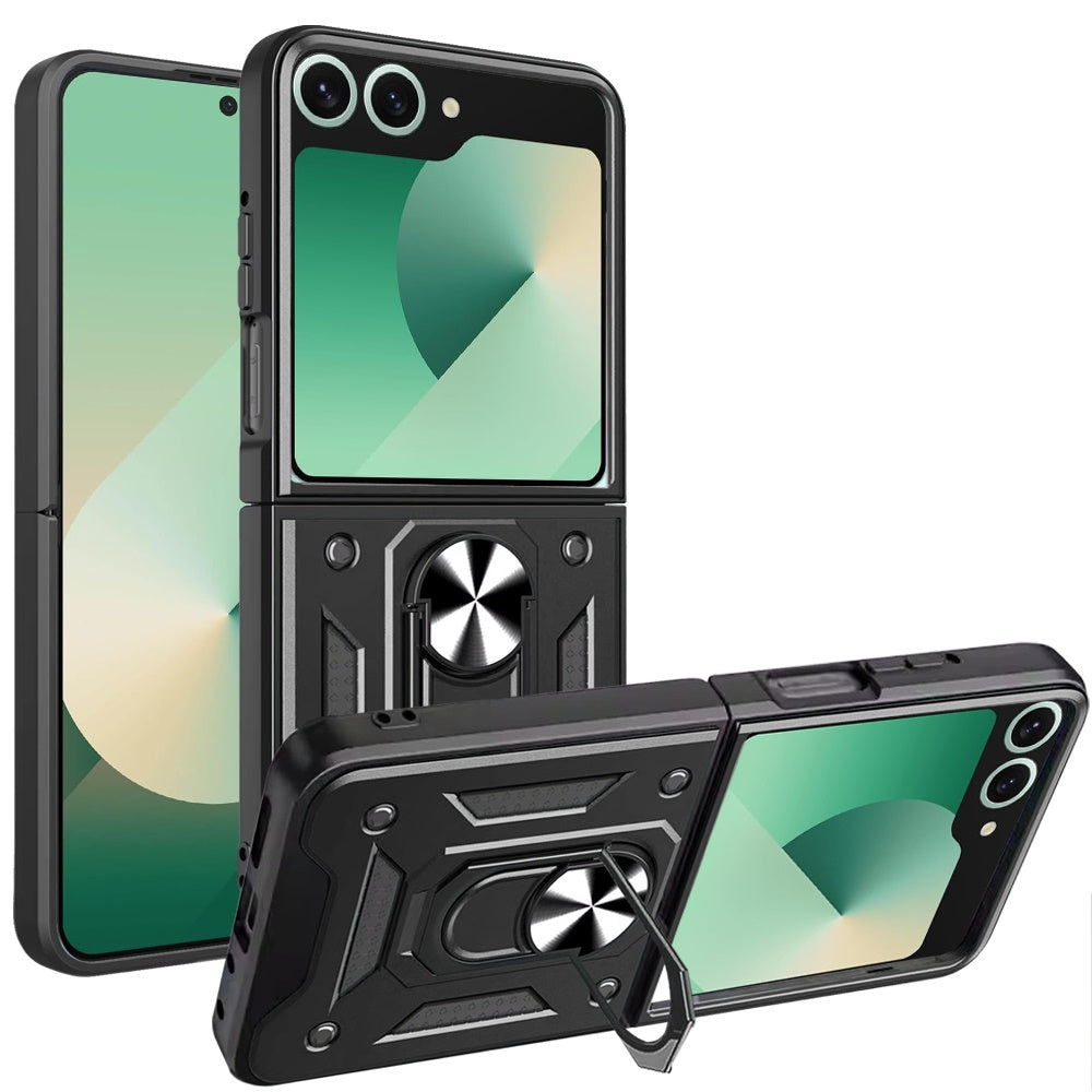 For Samsung Z Flip7 Case Camera Lens Cover Magnetic Ring Stand + Tempered Glass