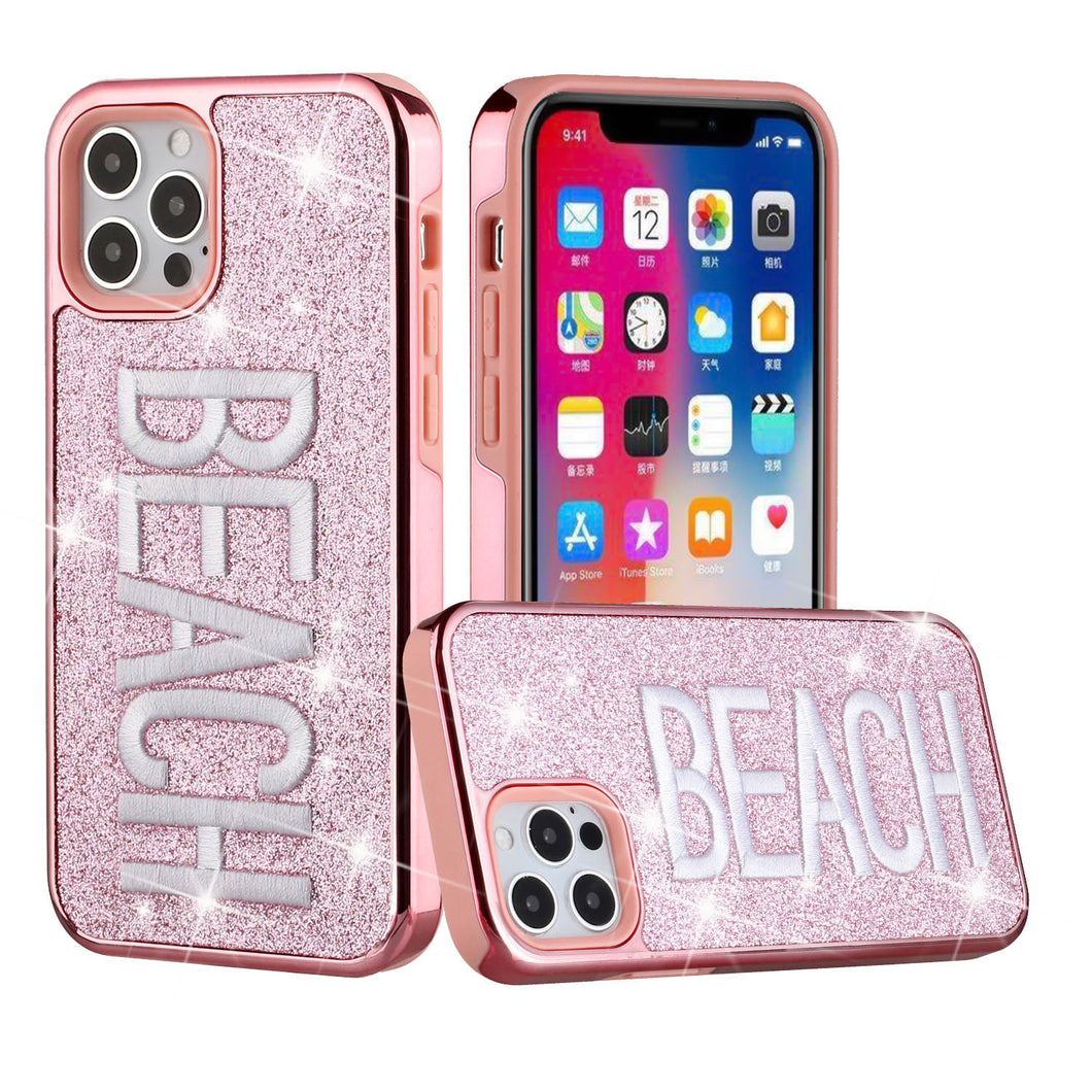For iPhone 12, 12 Pro Case Embroidered Text Bling Glitter Chrome Hybrid Cover