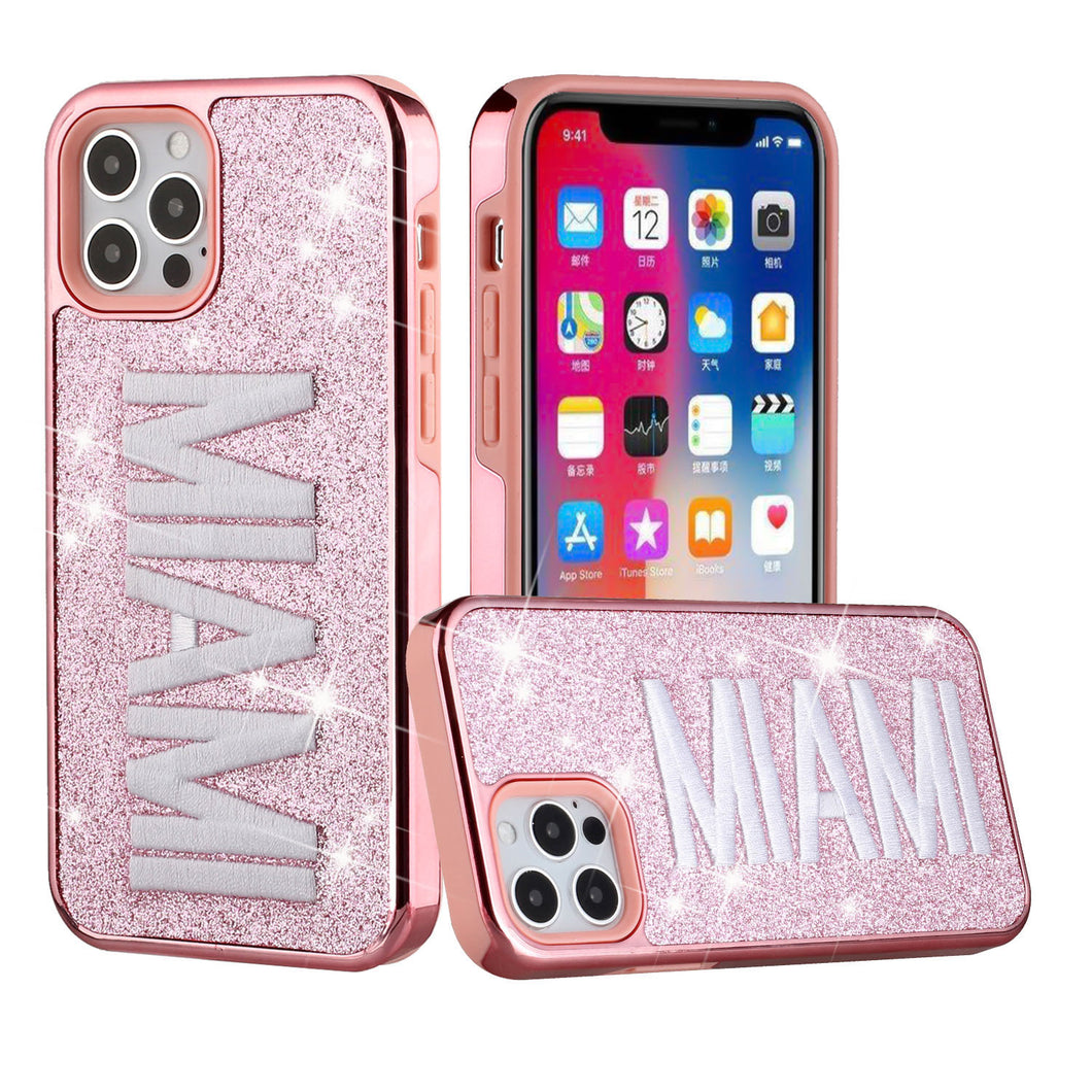 For iPhone 13 PRO Case Embroidered Text Bling Glitter Chrome Hybrid Cover