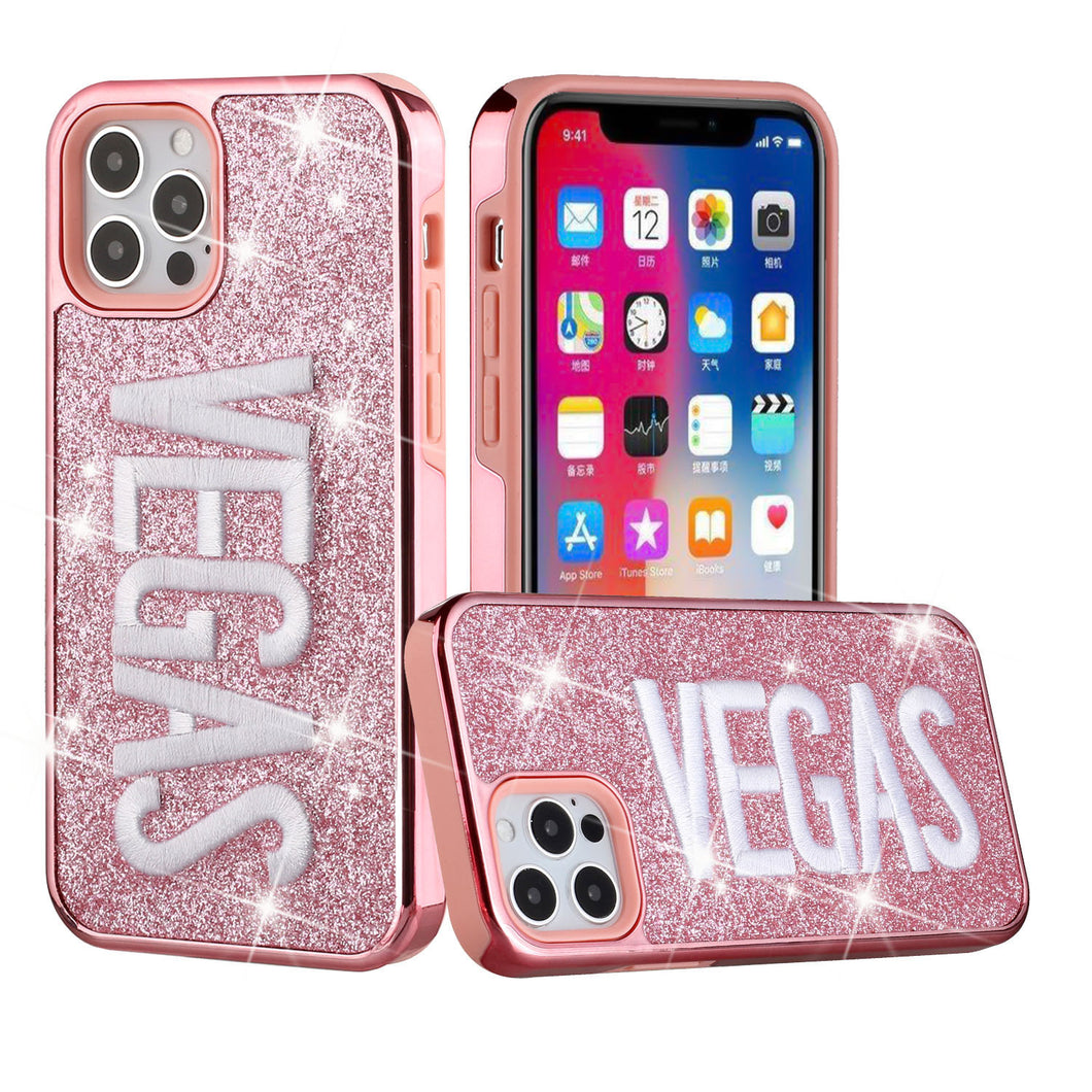 For iPhone 13 PRO Case Embroidered Text Bling Glitter Chrome Hybrid Cover