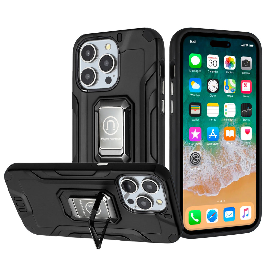 For iPhone 15 PRO Case Shockproof Hybrid With Ring Stand + 2 Tempered Glass