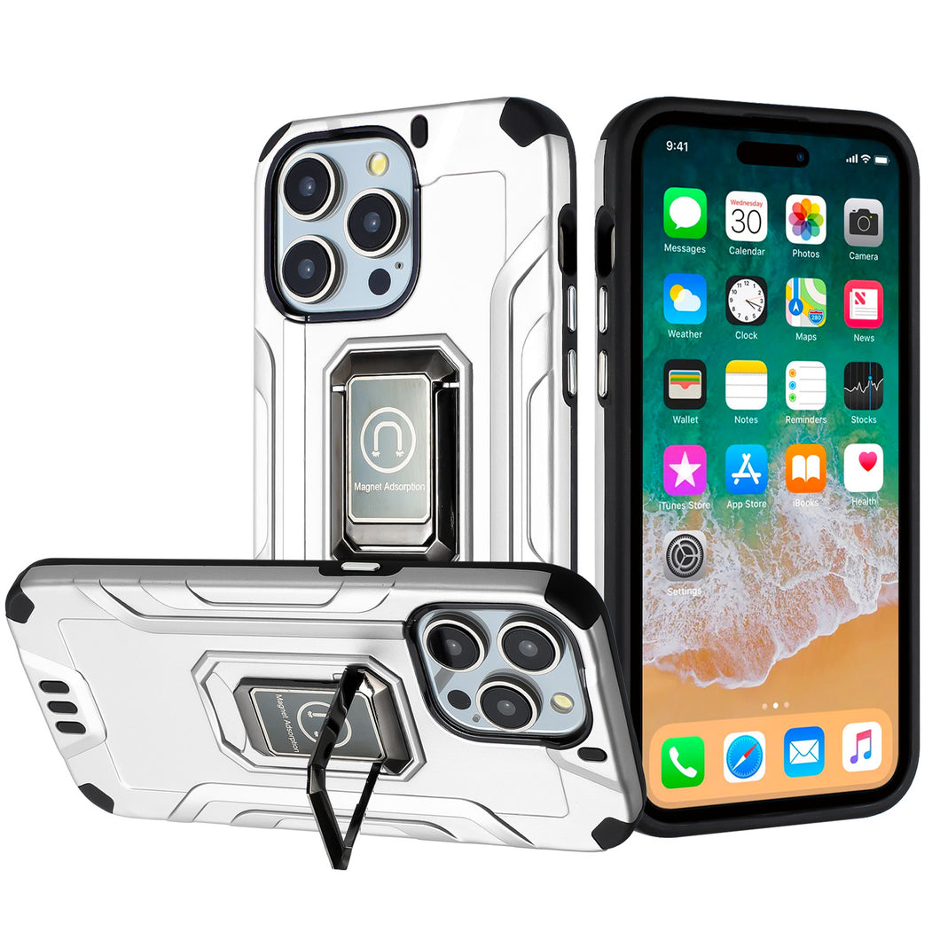 For iPhone 15 Case Shockproof Metallic Hybrid With Ring Stand + 2 Tempered Glass