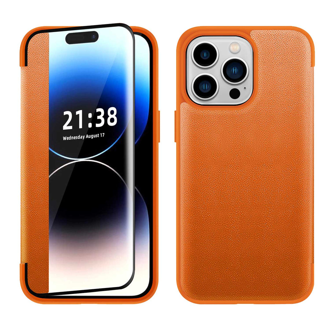 For iPhone 12/12 Pro Case PU Leather View Window Flap Cover + Tempered Glass