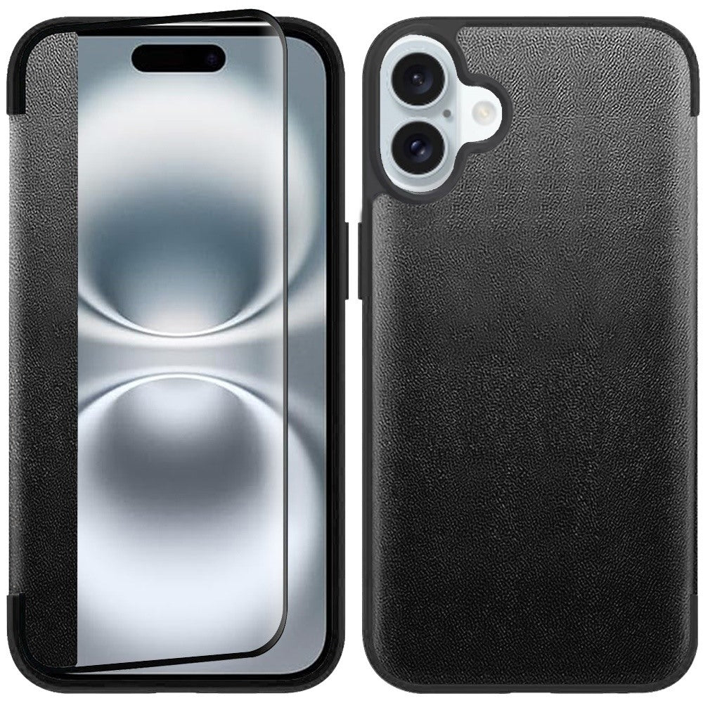 For iPhone 16 Plus 6.7in Case PU Leather View Window Flap Cover + Tempered Glass