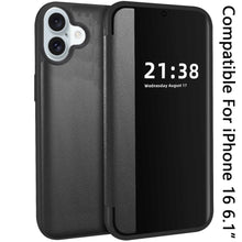For iPhone 16 6.1inch Case PU Leather View Window Flap Cover + Tempered Glass