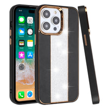 For iPhone 15 PRO Case Faux Crystal PU Leather Chromed Cover + 2 Tempered Glass