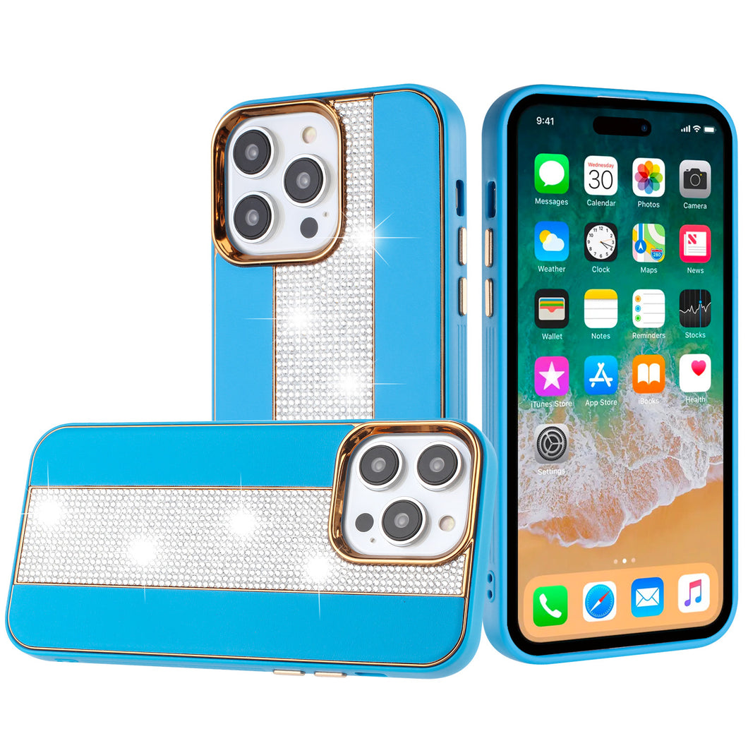 For iPhone 12/12 Pro Case Faux Crystal Bling PU Leather Chromed + Tempered Glass