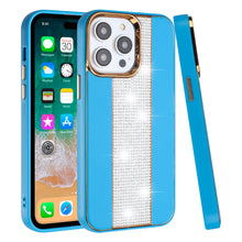 For iPhone 12/12 Pro Case Faux Crystal Bling PU Leather Chromed + Tempered Glass