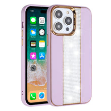 For iPhone 15 Case Faux Crystal Line PU Leather Chromed Cover + 2 Tempered Glass