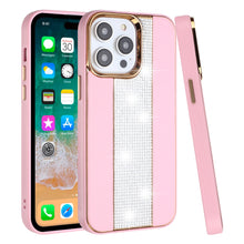 For iPhone 15 PRO Case Faux Crystal PU Leather Chromed Cover + 2 Tempered Glass