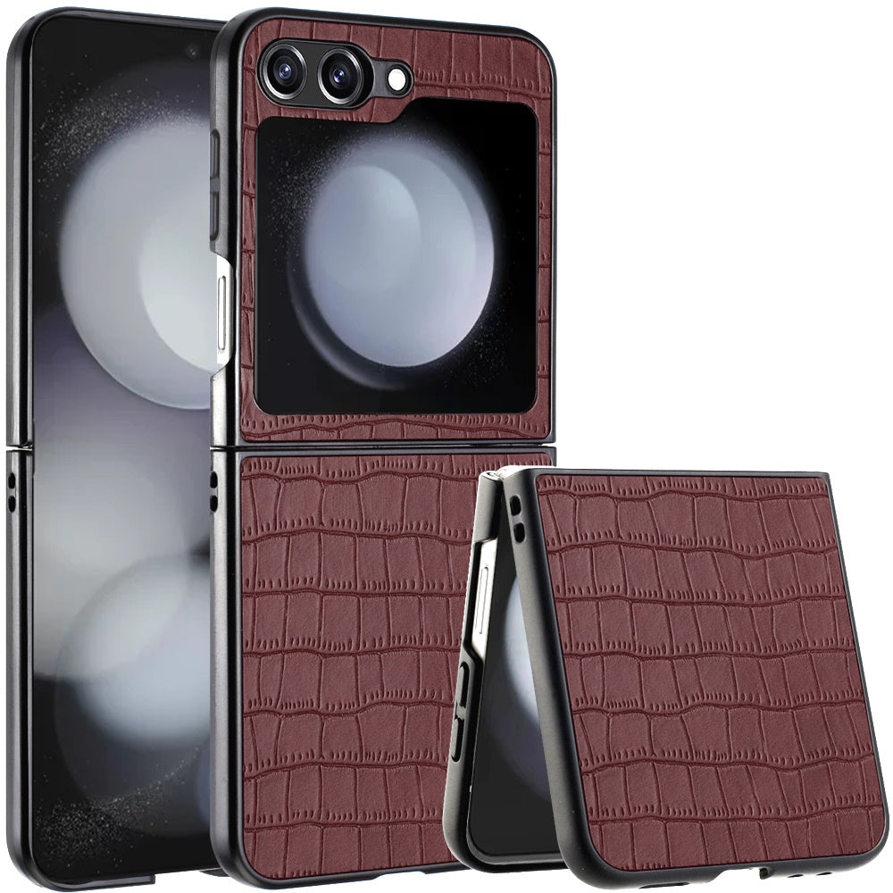 For Samsung Galaxy Z Flip 6 Case Vegan Leather Croc Design Hard Snap On Cover