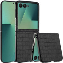 For Samsung Z Flip7 Case Vegan Leather Croc Design Hard Cover + Tempered Glass