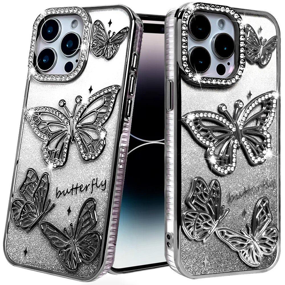 For iPhone 15 Pro Max Case Bling Butterflies 3D Glitter Cover + 2 Tempered Glass