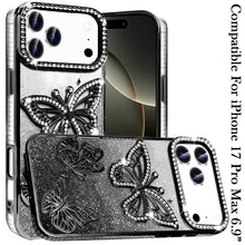 For iPhone 17 Pro Max Case Bling Butterflies 3D Glitter Cover + Tempered Glass