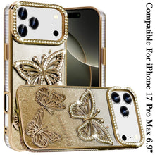 For iPhone 17 Pro Max Case Bling Butterflies 3D Glitter Cover + Tempered Glass