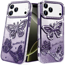 For iPhone 17 Pro Max Case Bling Butterflies 3D Glitter Cover + Tempered Glass
