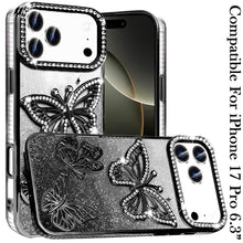 For iPhone 17 PRO Case Bling Butterflies 3D Glitter Phone Cover + Tempered Glass