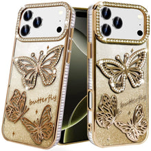 For iPhone 17 PRO Case Bling Butterflies 3D Glitter Phone Cover + Tempered Glass
