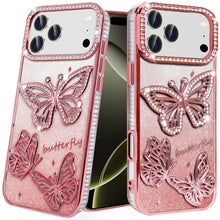 For iPhone 17 PRO Case Bling Butterflies 3D Glitter Phone Cover + Tempered Glass