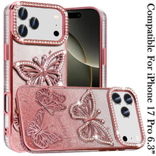 For iPhone 17 PRO Case Bling Butterflies 3D Glitter Phone Cover + Tempered Glass