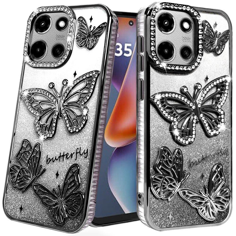 For Moto G 2025 Case Bling Butterflies 3D Full Glitter Cover + Tempered Glass