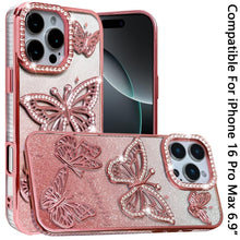For iPhone 16 PRO MAX Case Bling Butterflies 3D Glitter Cover + Tempered Glass